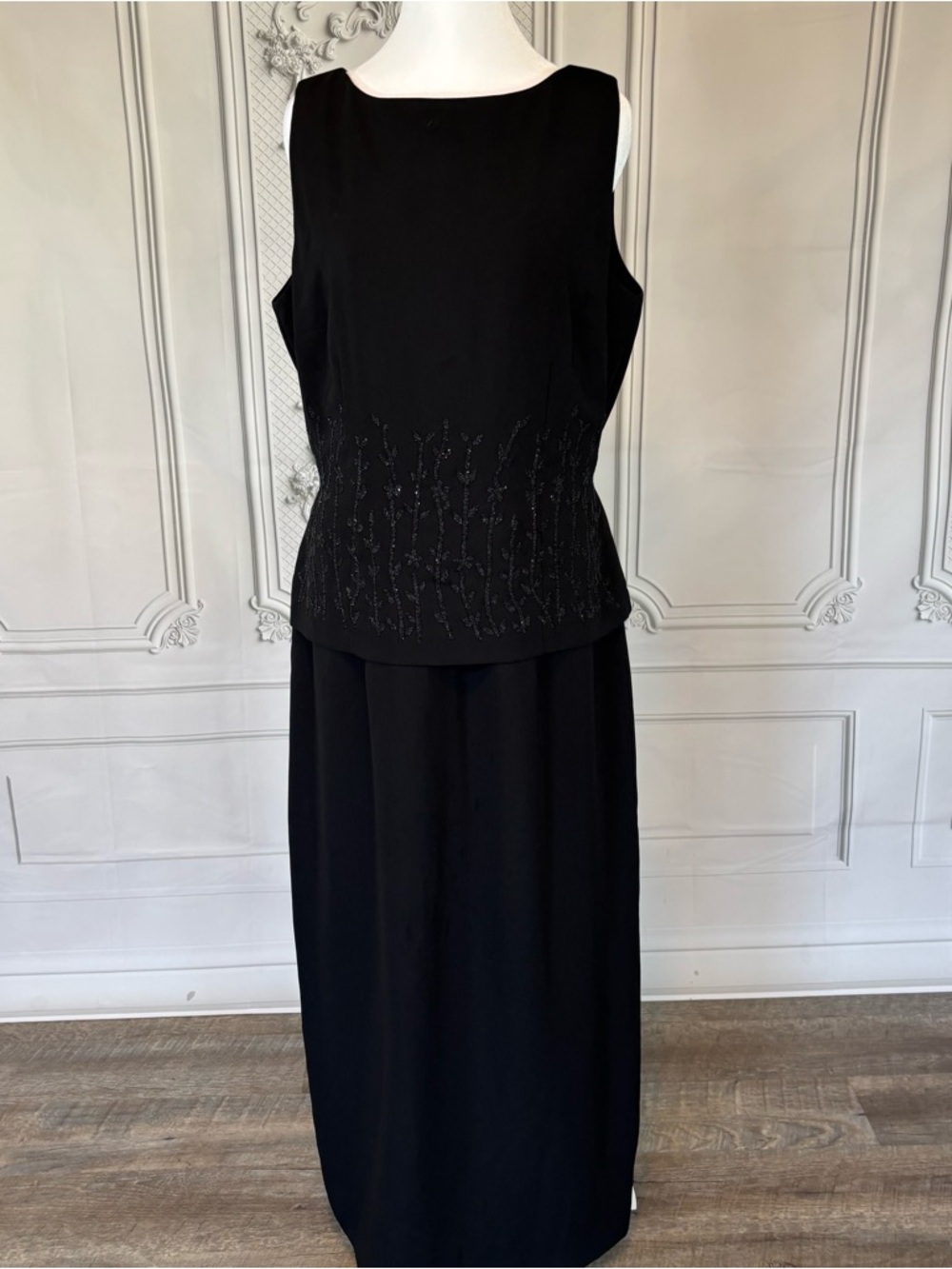 Vintage 90’s Sheri Martin Black Floral Beaded Sleeveless Evening Dress Size 14